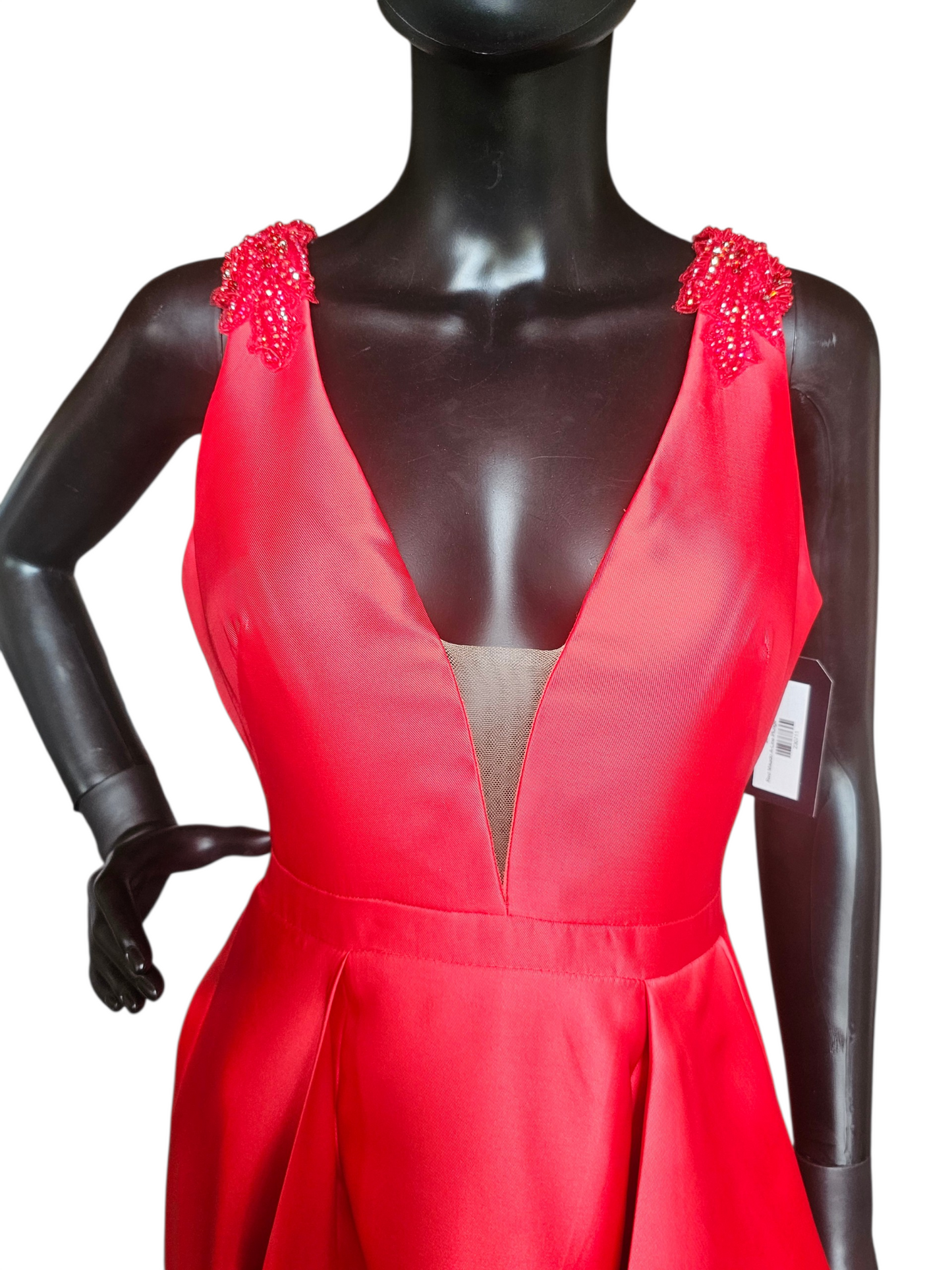 Red Mikado A-Line Plunge V-Neck Formal Dress - Sherri Hill