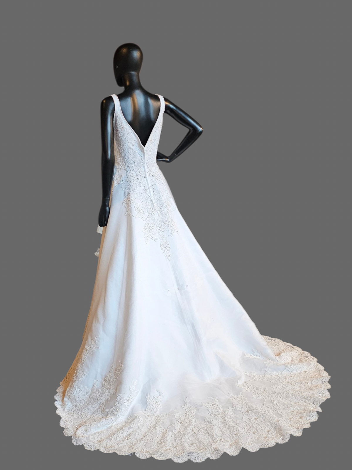 White V-Neck Lace Applique Organza Wedding Gown - Oleg Cassini