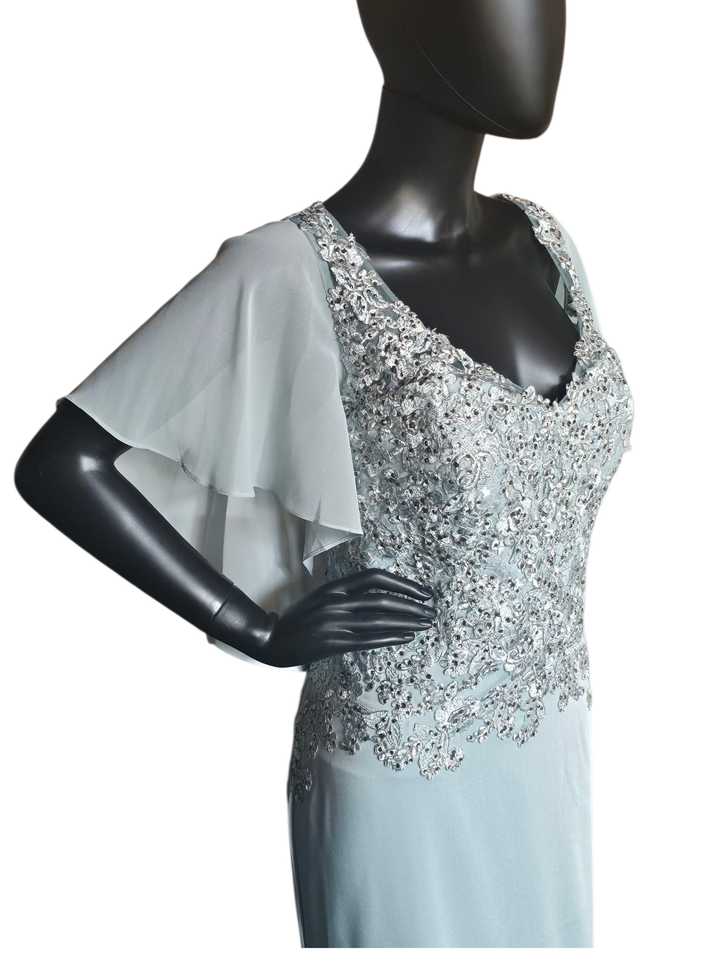 Deep Aqua/Silver Embroidered Chiffon Flutter Sleeve Formal Dress - Madeline Gardner