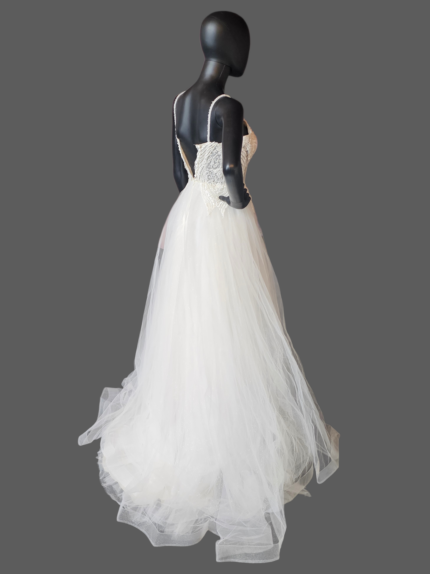 Ivory Spaghetti Strap Illusion Bodice Tulle A-Line Wedding Gown - Di La Sena - NWT