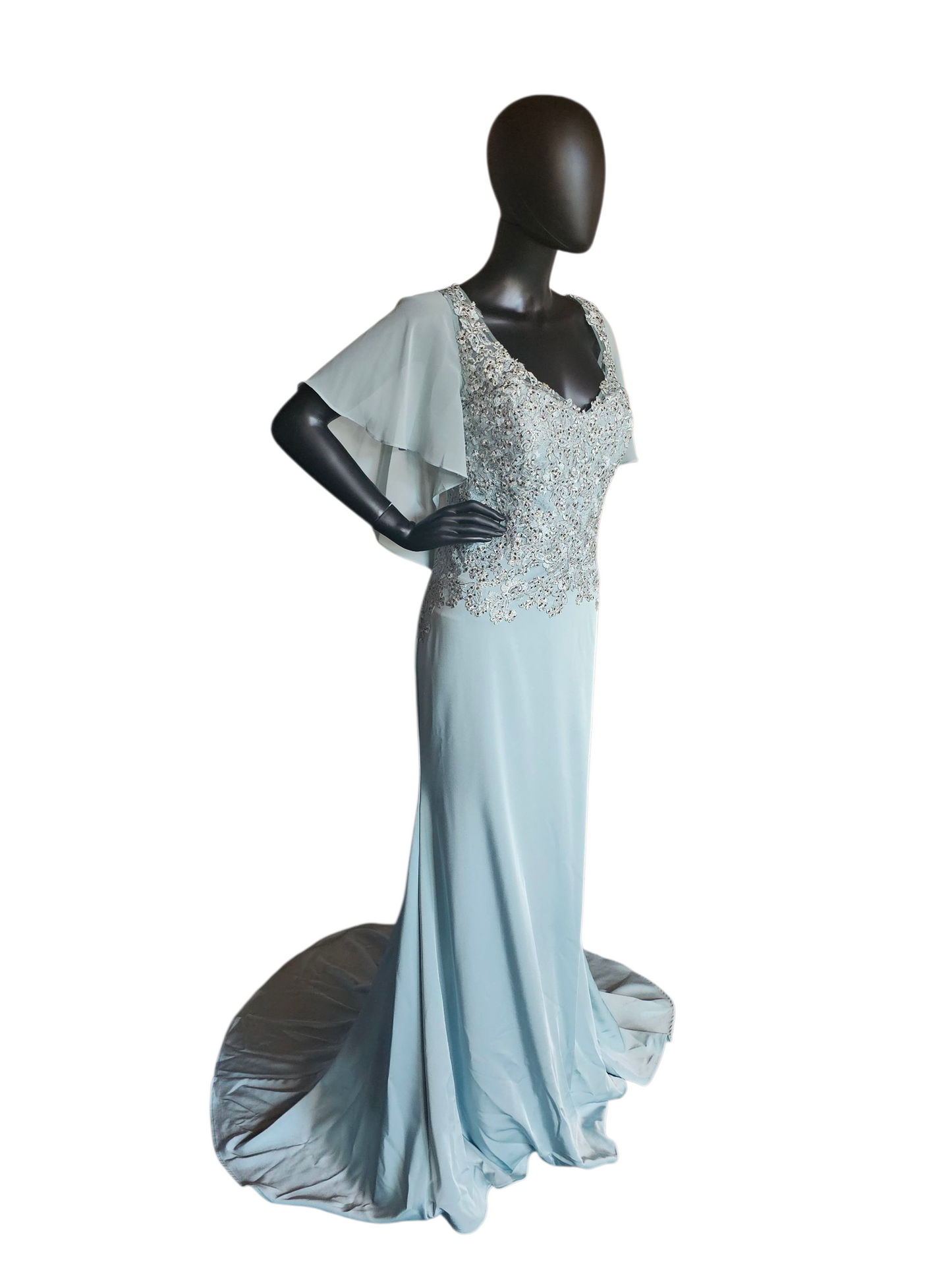 Deep Aqua/Silver Embroidered Chiffon Flutter Sleeve Formal Dress - Madeline Gardner