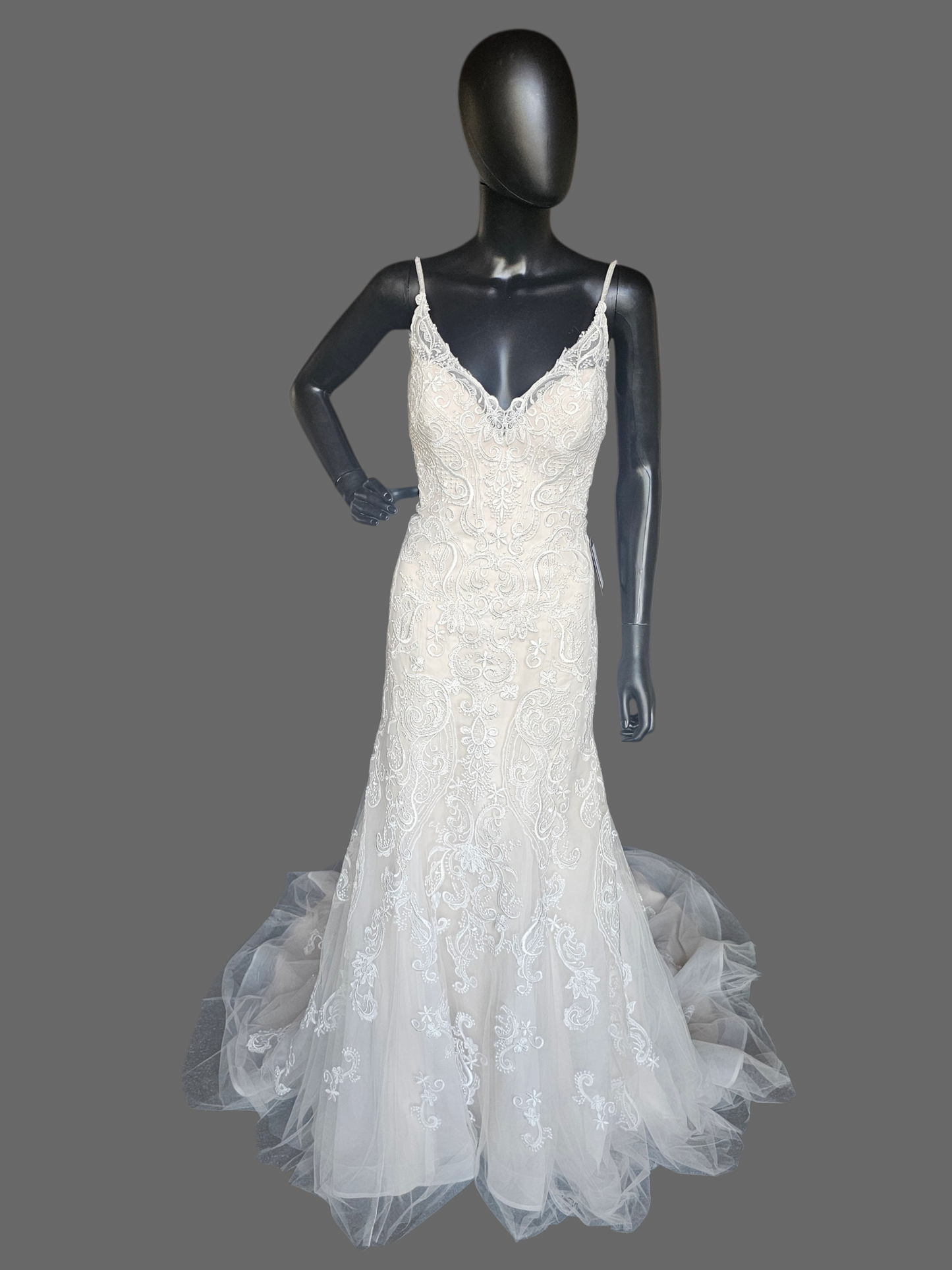 Blush/Ivory Beaded Strap Lace Open Back Fit-Flare Wedding Gown - Rebecca Ingram