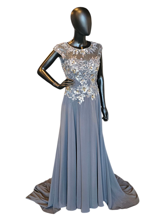 Grey Chiffon Gold Jewel Formal Dress - Vienna