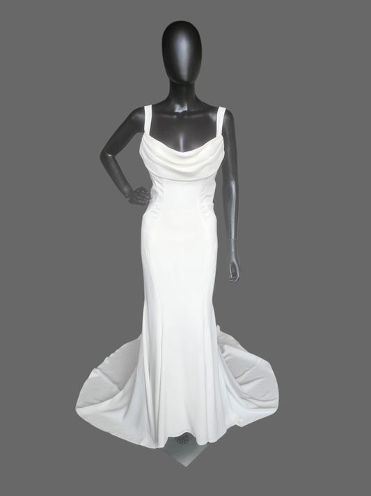 Ivory Crepe Wide Strap Cowl Fit/Flare Minimalist Wedding Gown - Maggie Sottero