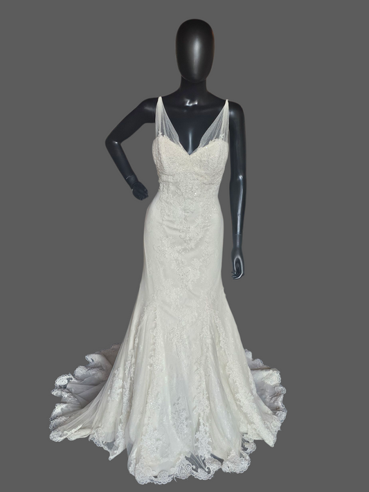 Dark Ivory Lace Fit/Flare V-Neck Wedding Gown - Pronovias