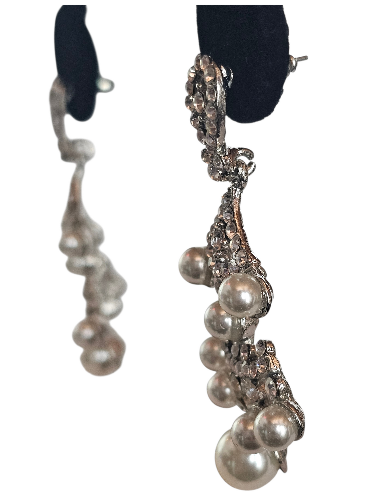 Large Silver/Rhinestone Pearl Dangle Earring - Mariell