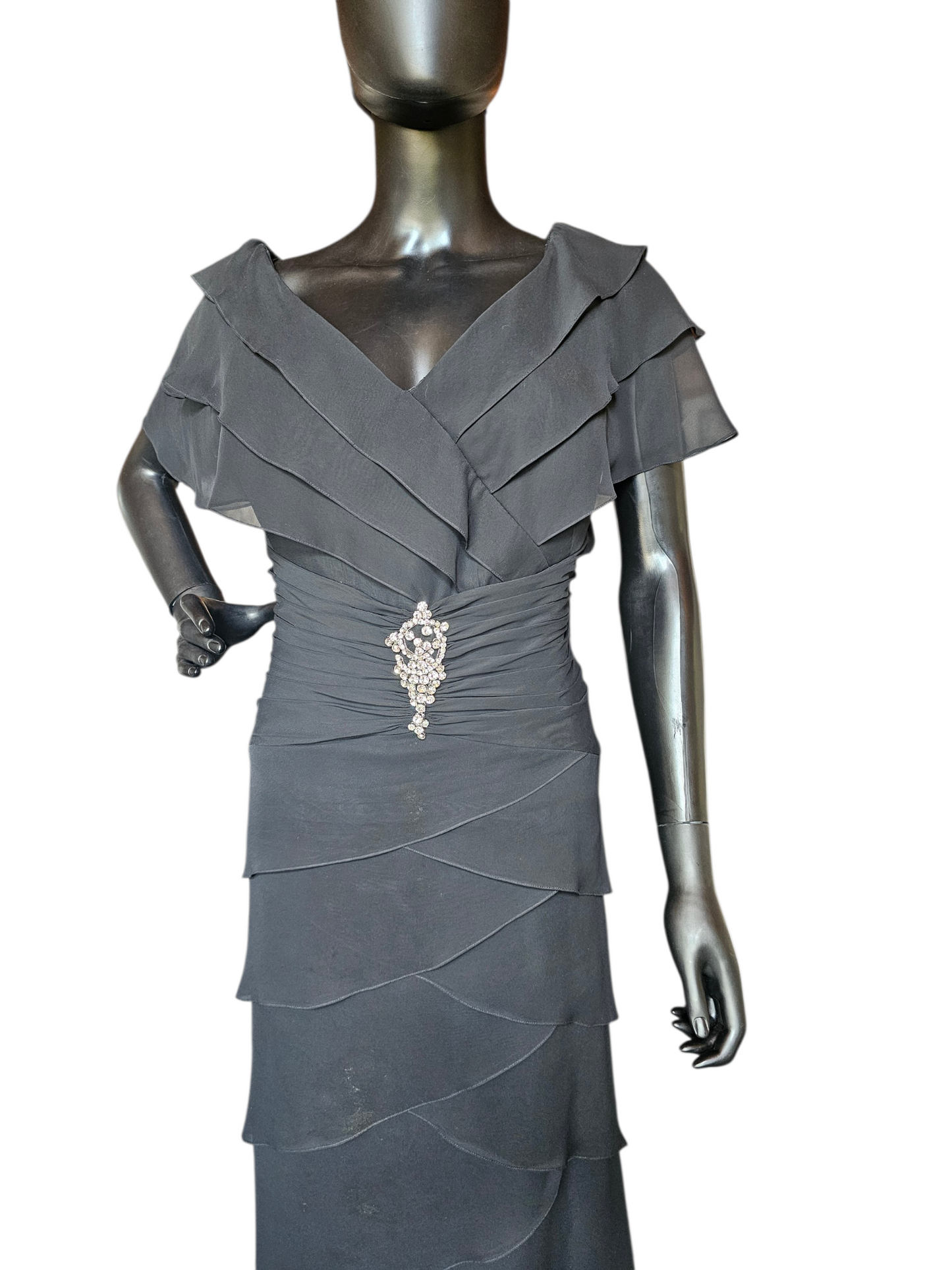 Black Chiffon Fit/Flared Tiered Cap Sleeve Applica Detail Formal/Moms Dress - Jovani