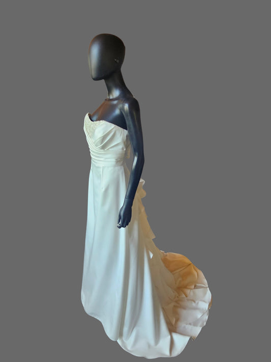 Cream Silky Satin Strapless Beaded Side Sweep Wedding Gown - Alfred Angelo