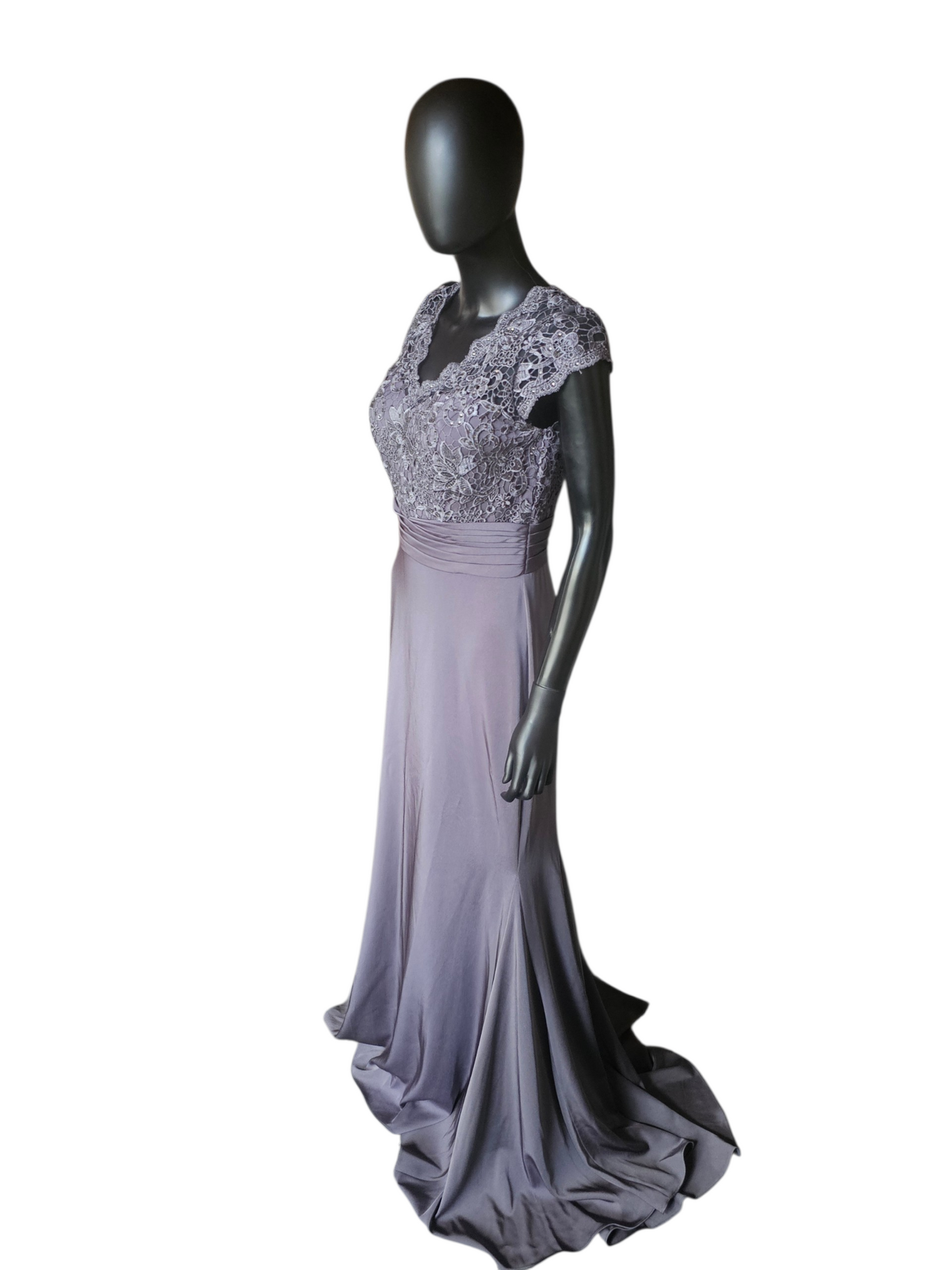 Slate Lace Cap Sleeve Fit/Flare  Rhinestone Detail Belt design Train Formal Dress - Alyce