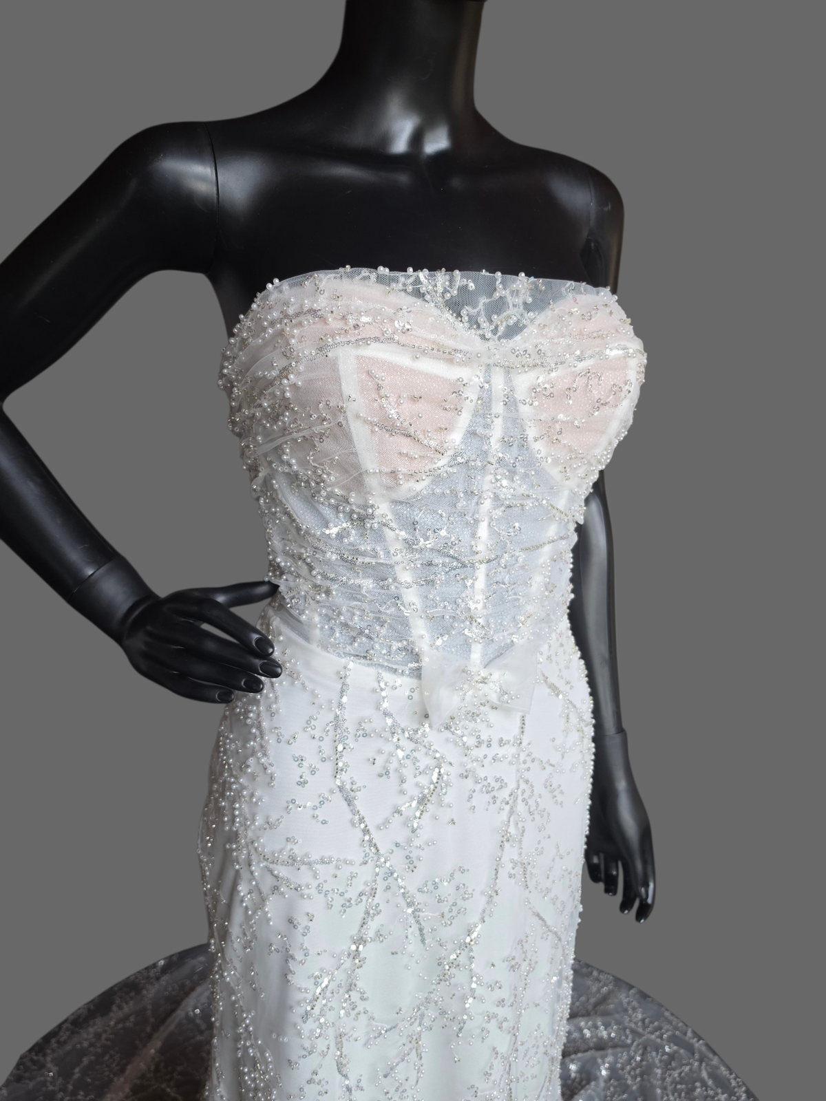 Ivory Straight Strapless Fitted Pearl/Silver Vine Wedding Gown - Willow