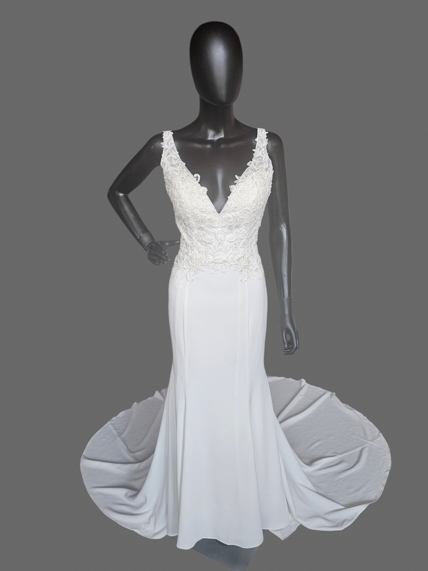 V-Neck Lace Bodice Fit/Flare Wedding Gown - Davinci