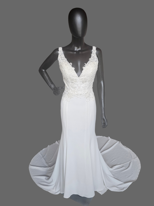 V-Neck Lace Bodice Fit/Flare Wedding Gown - Davinci