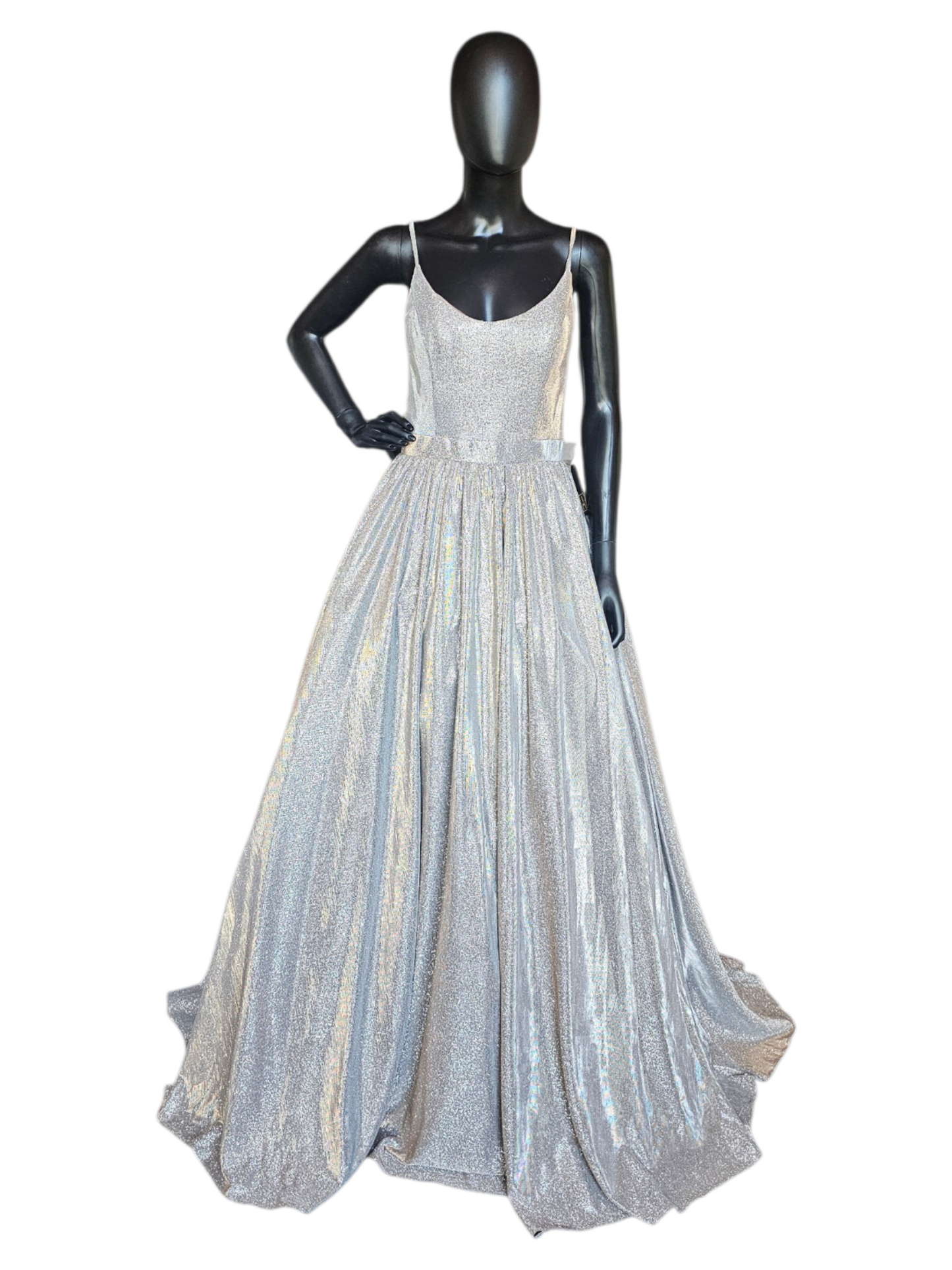 Silver Sparkle Open Back With Sew Up Detail Gathered A-Line Scoop Neck Formal/Prom Dress- Jovani