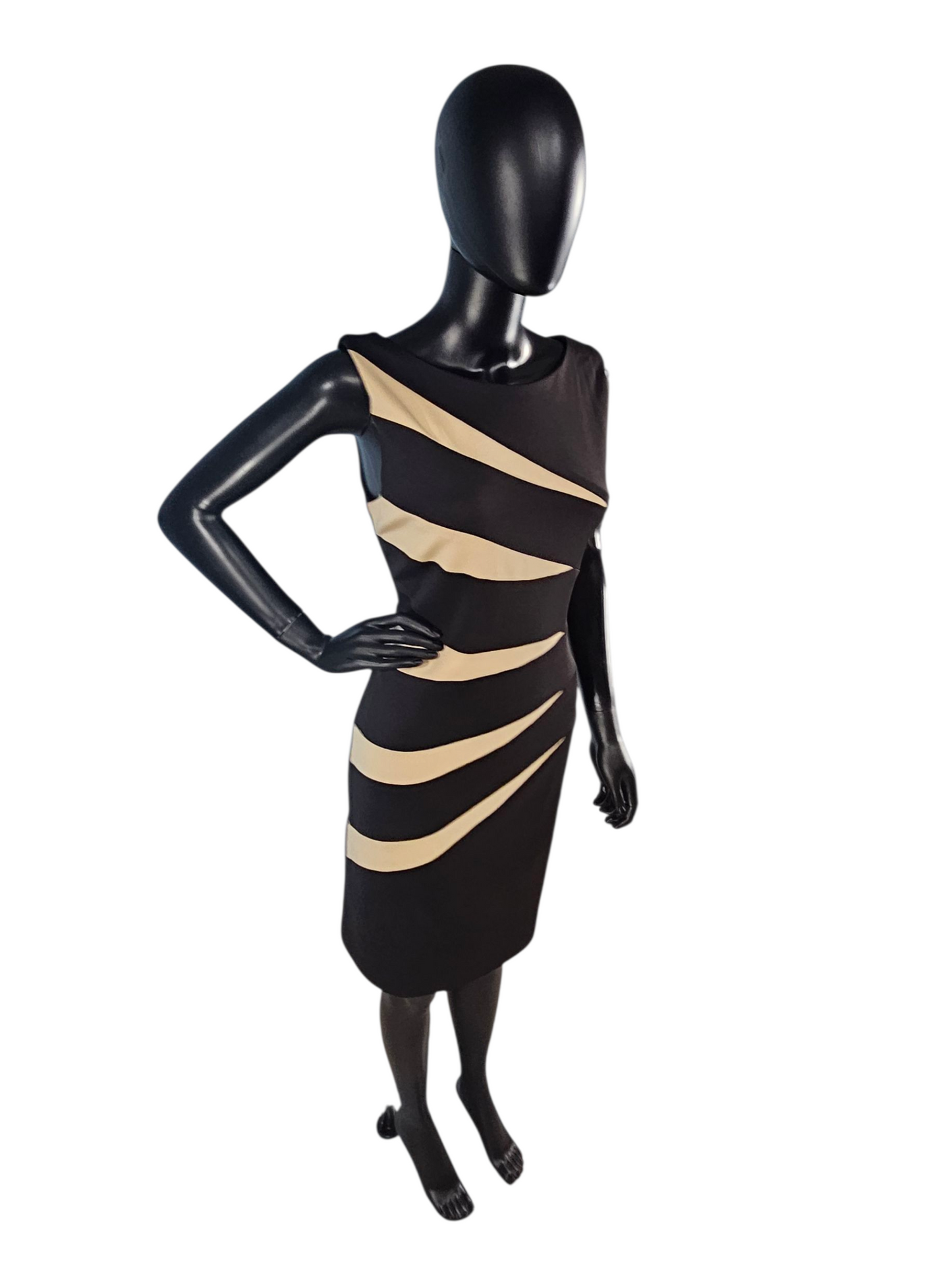 Black/Camel Asymmetrical Sheath Stretch Neoprene Dress - R&M Richards
