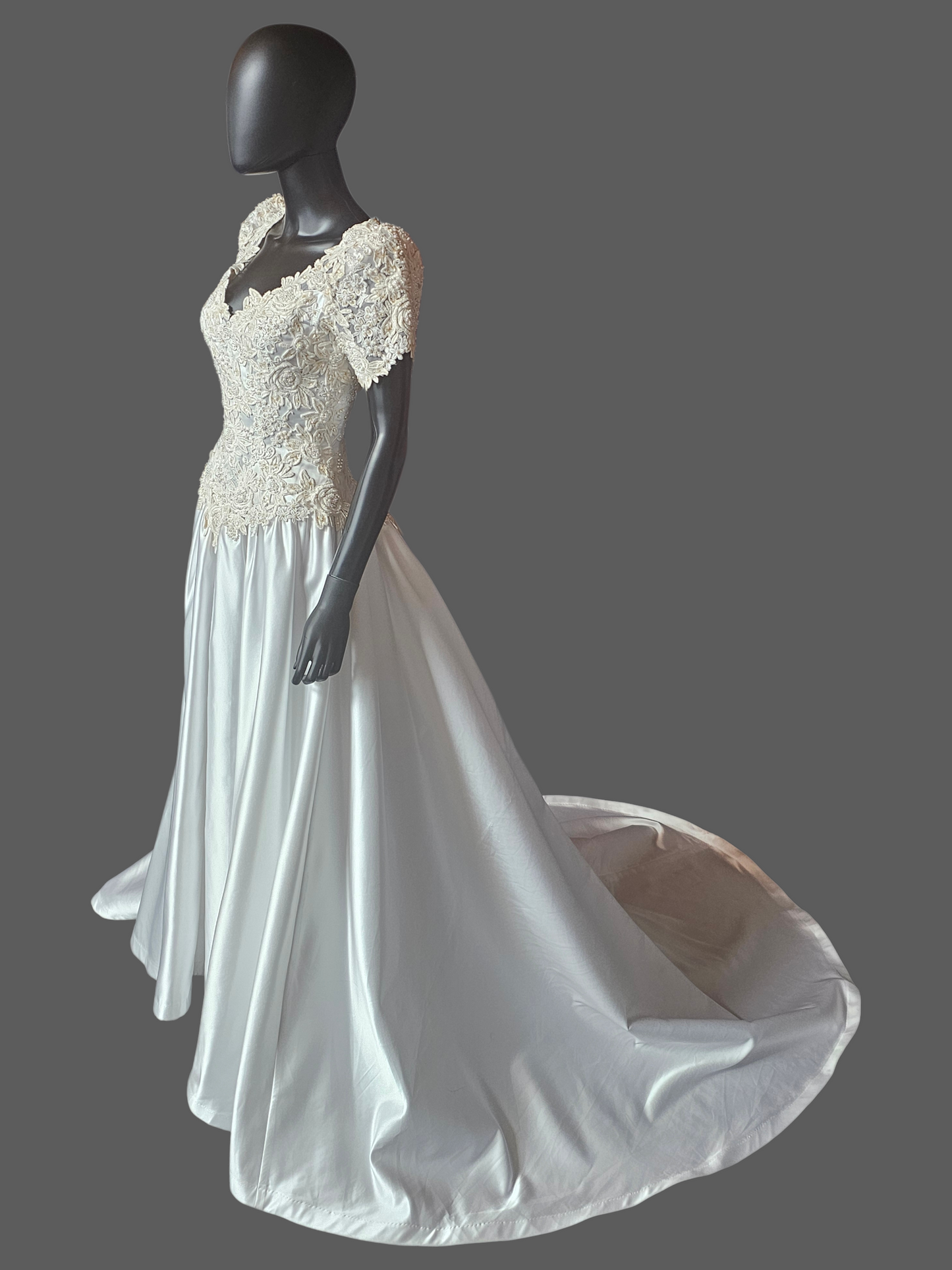 Vintage White Embroidered Cap Sleeve N-Neck Wedding Gown - Modest