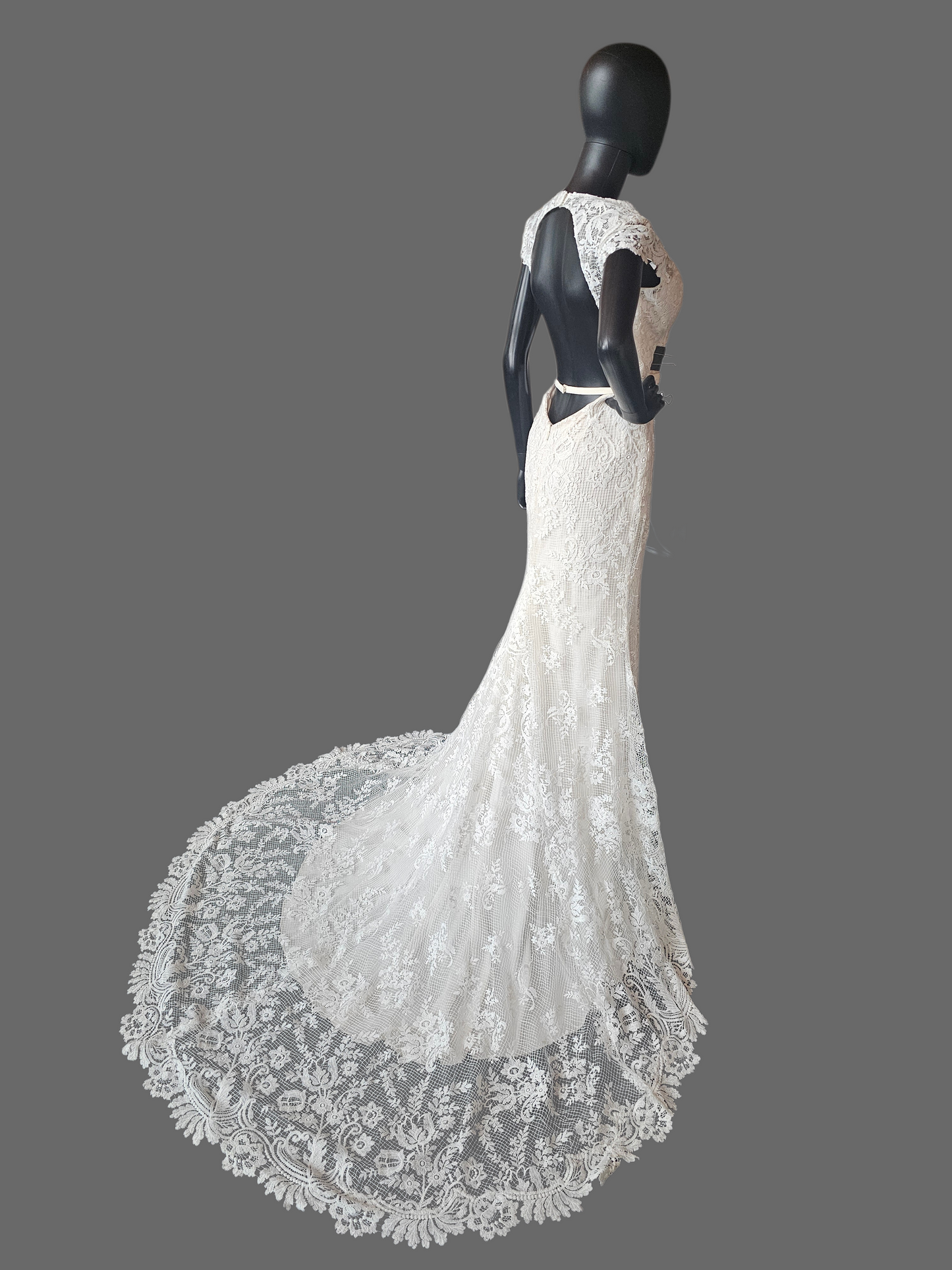 Ivory Open Weave Lace Cap Sleeve Open Open Back Wedding Gown - Beloved