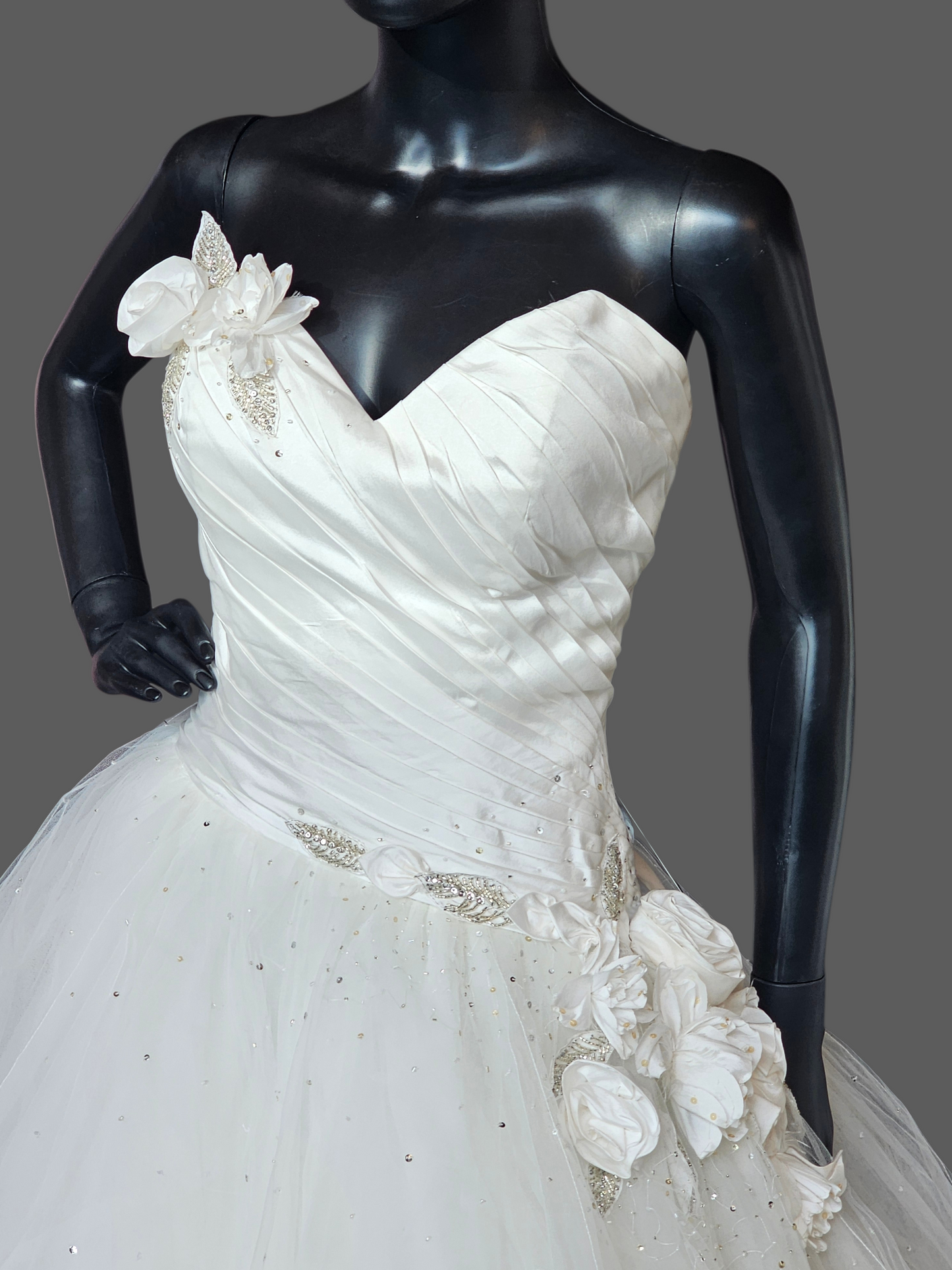 White Asymmetrical Floral Accent Wedding Ballgown - Bill Levkoff