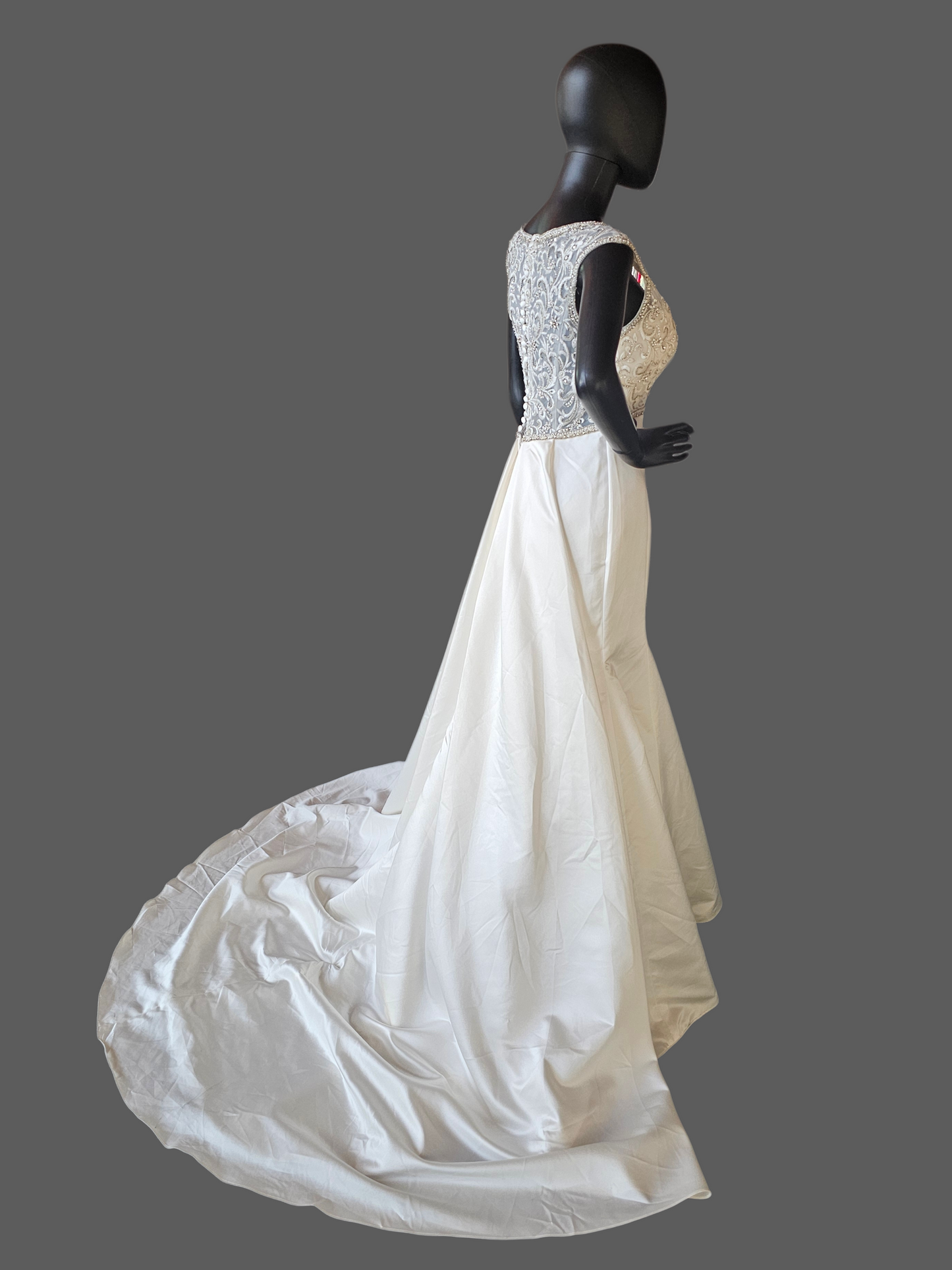 Ivory Satin Empire V-Neck Cap Sleeve Fit/Flare Wedding Gown - Da Vinci