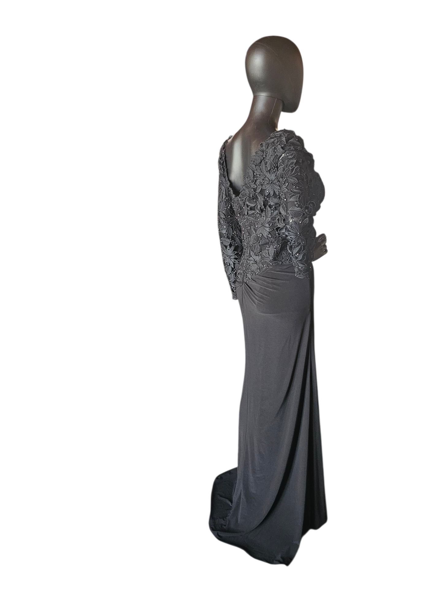 Black Open Weave Lace Long Sleeve V-Neck Formal Dress - Madeline Gardner