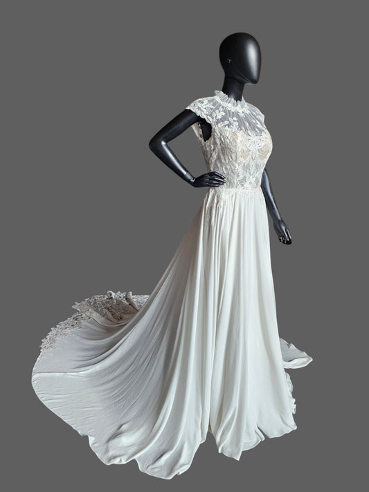 White High Neck Lace Bodice Chiffon Wedding Gown - Eddy K
