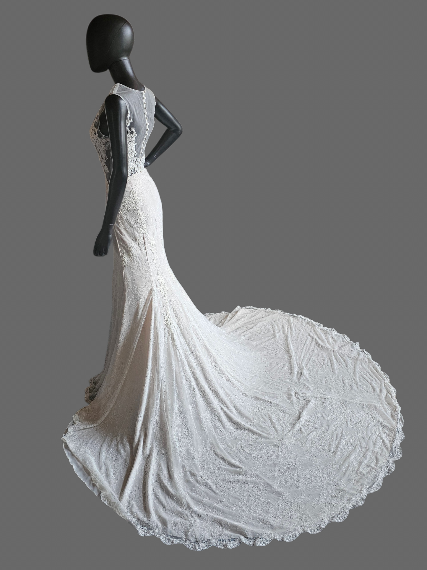 Ivory Illusion Plunge Thick Strap Floral Lace Fit/Flare Wedding Gown - Alyne