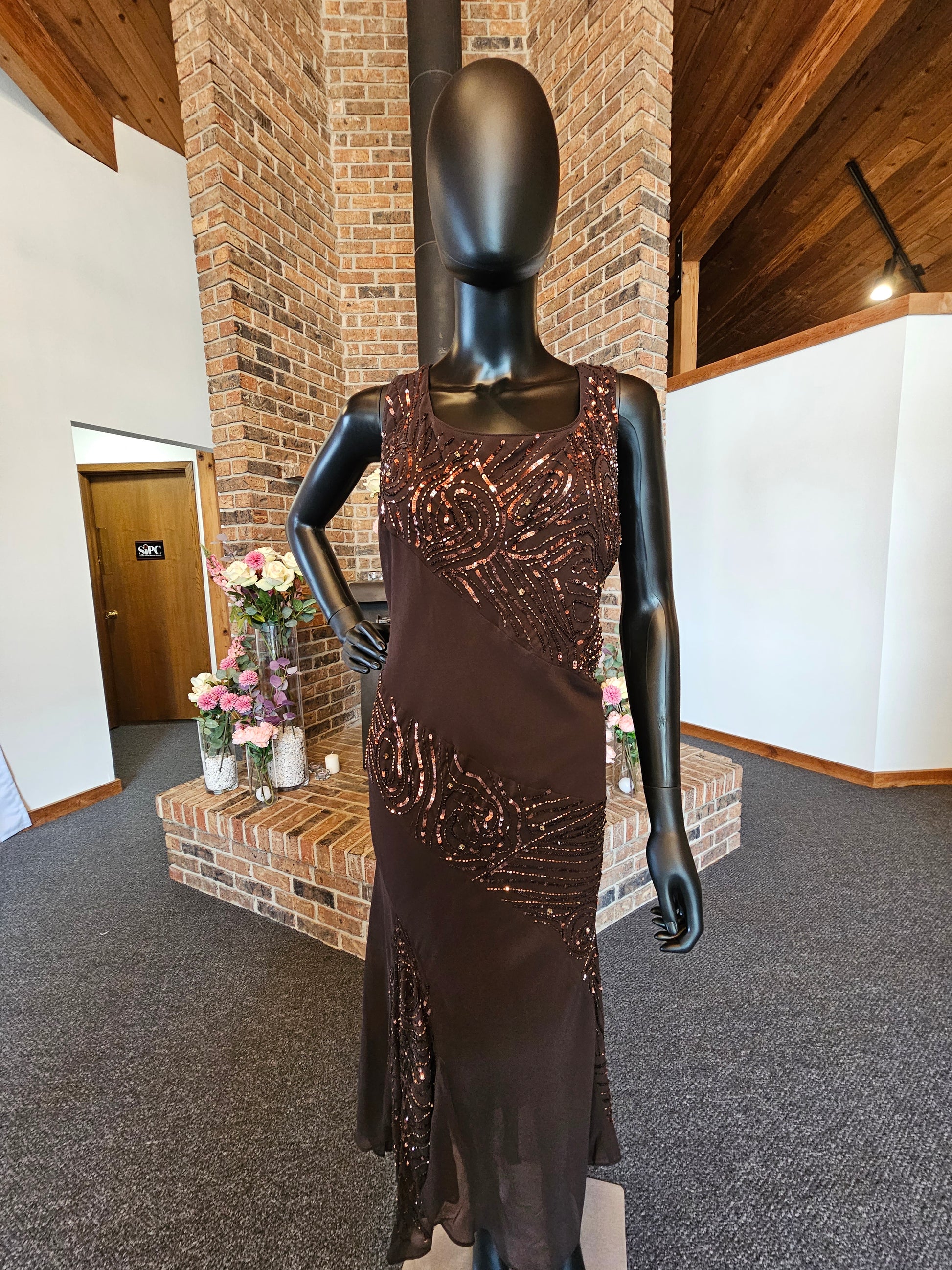 Chocolate Chiffon Sequin Accent Full Length Formal Gown Chocolate Chiffon Sequin Accent Full Length Formal Gown