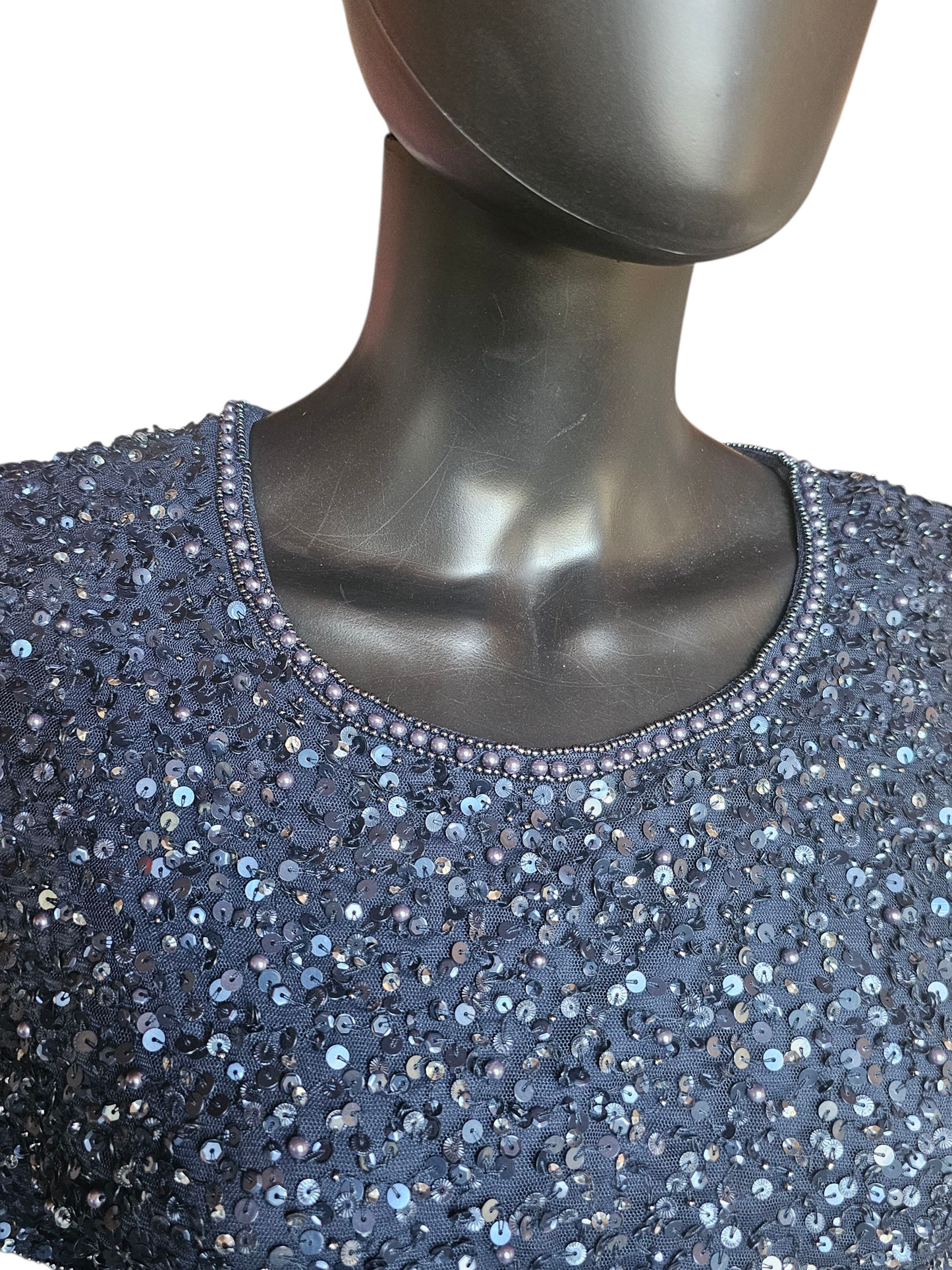 Navy Full Beaded Flutter Sleeve Formal Dress - Adrianna Papell