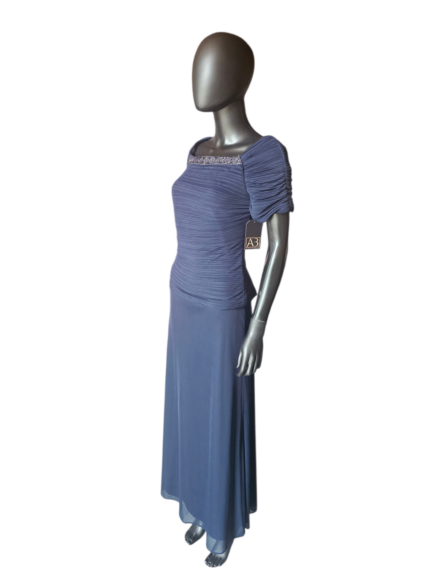 Navy Shirred Cap Sleeve Formal Dress