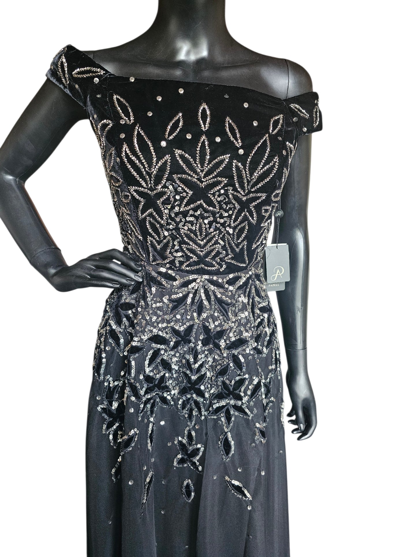 Black Velvet Off Shoulder Leaf Patter Sequin Fit/Flare Full Length Formal Gown - Adrianna Papell