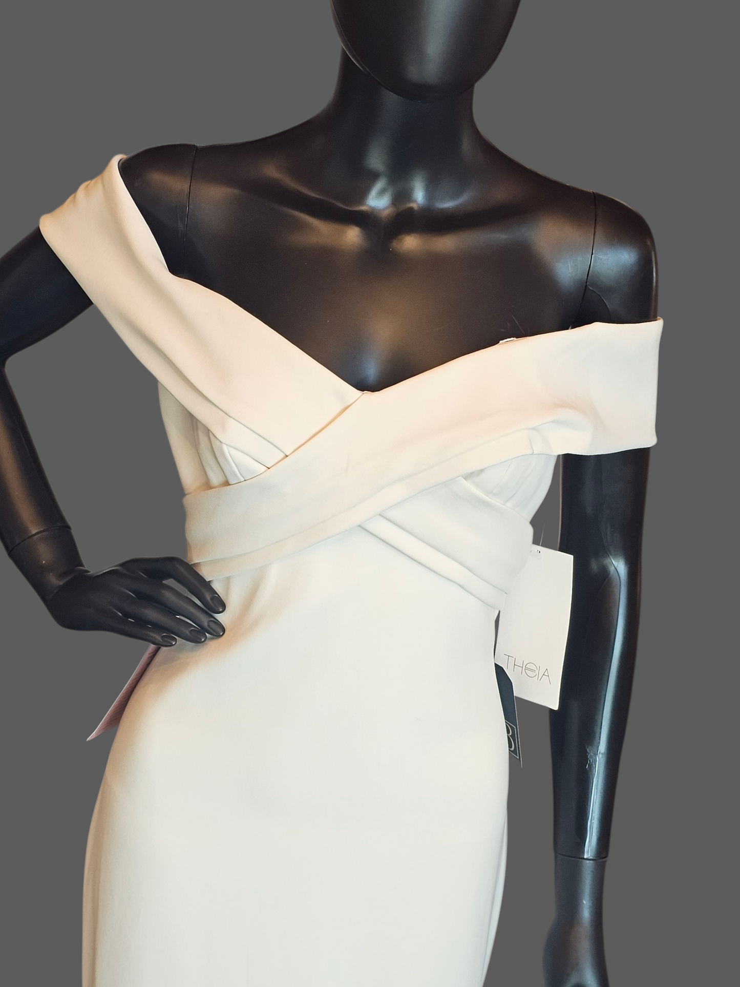 Off Shoulder Ivory Stretch Crepe Fit/Flare Wedding Gown - Theia NWT