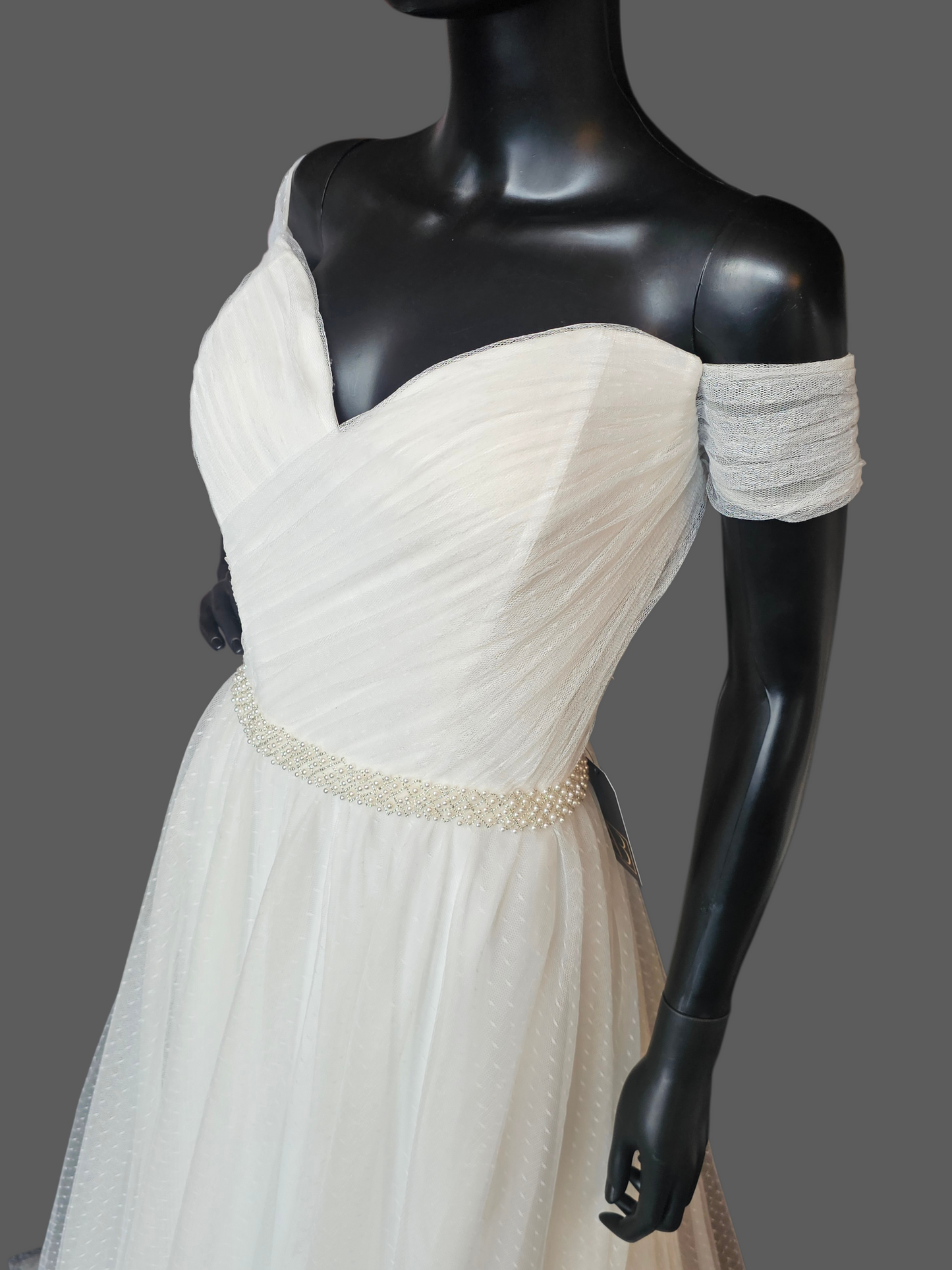 Ivory Swiss Dot Off Shoulder Cap Sleeve Pearl Belt Wedding Dress - Da Vinci