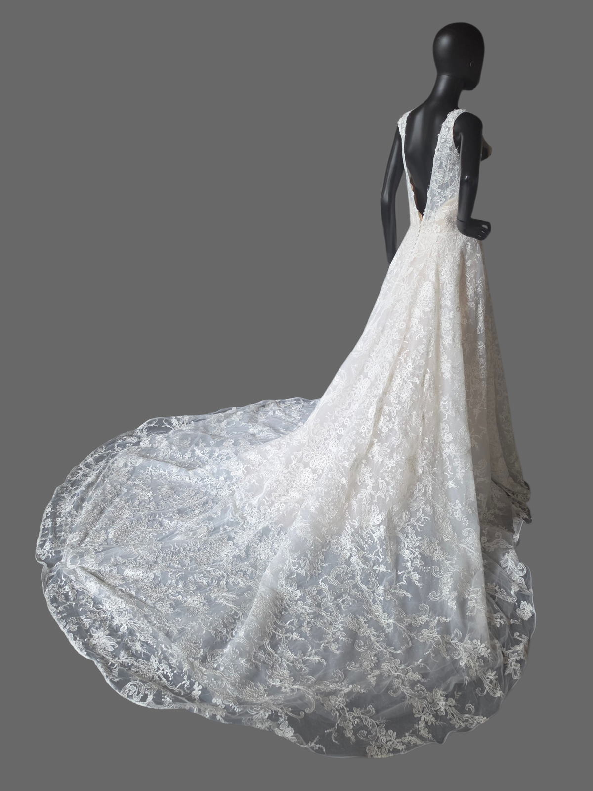 Ivory/Nude 3-Look Lace Plunge Sparkle A-Line Wedding Gown W/Detatch Sleeve - Martin Thornburg