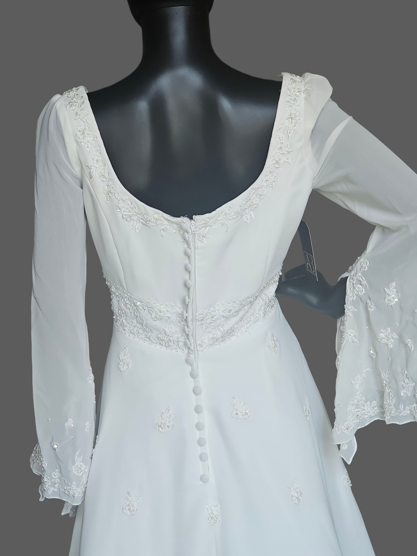 Vintage Ivory Chiffon Empire Waist Scoop Neck Renaissance Sleeve Wedding Dress - Mori Lee