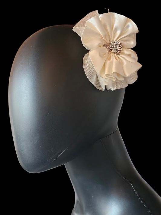 Ivory Satin Silver Rhinestone Bow Clip