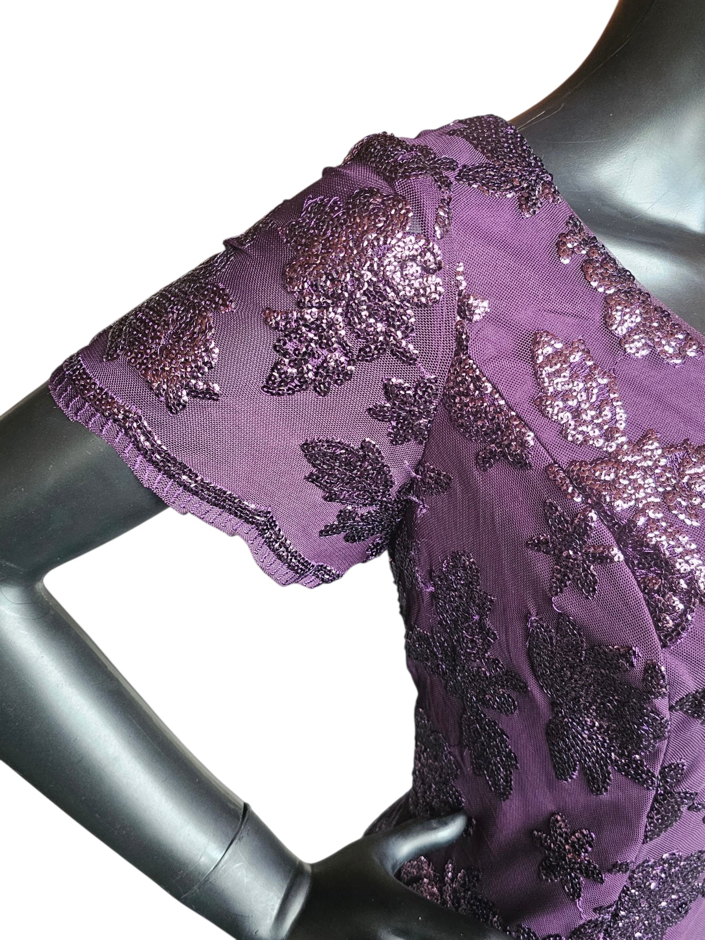 Plum Purple Floral Sequin Scoop Neck Cap Sleeve Full Length Formal Dress - Eva USA