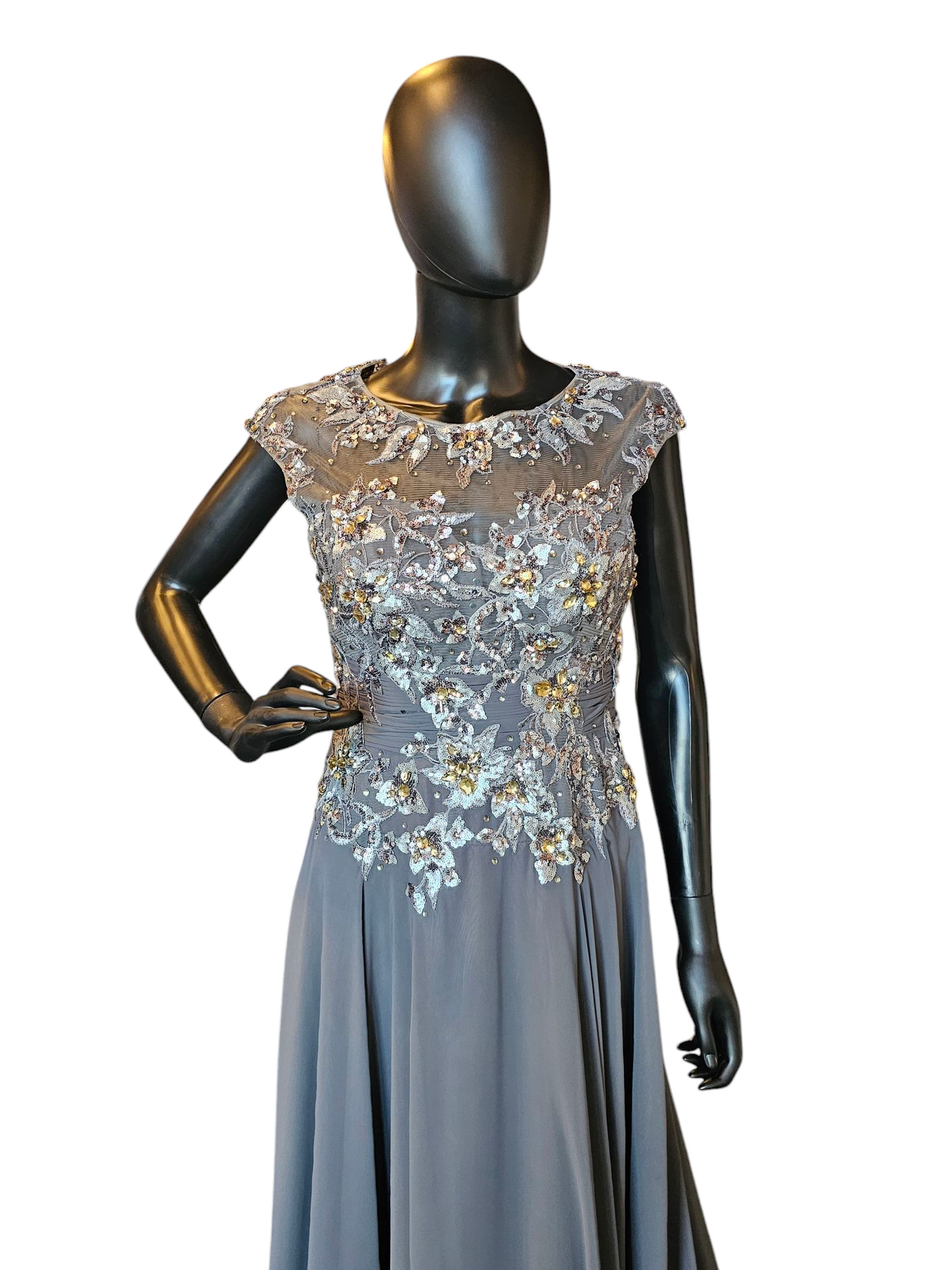 Grey Chiffon Gold Jewel Formal Dress - Vienna