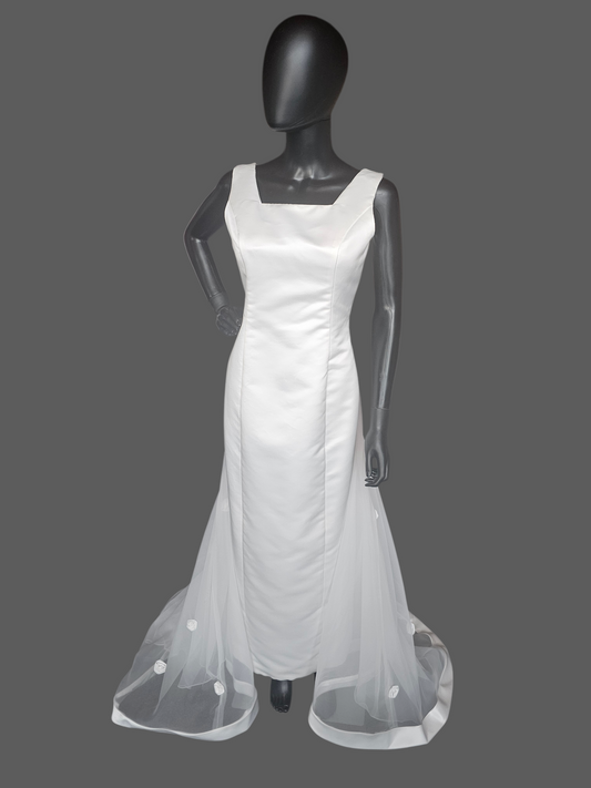 Vintage White Square Neck Detached Rose Train Wedding Gown - Galina