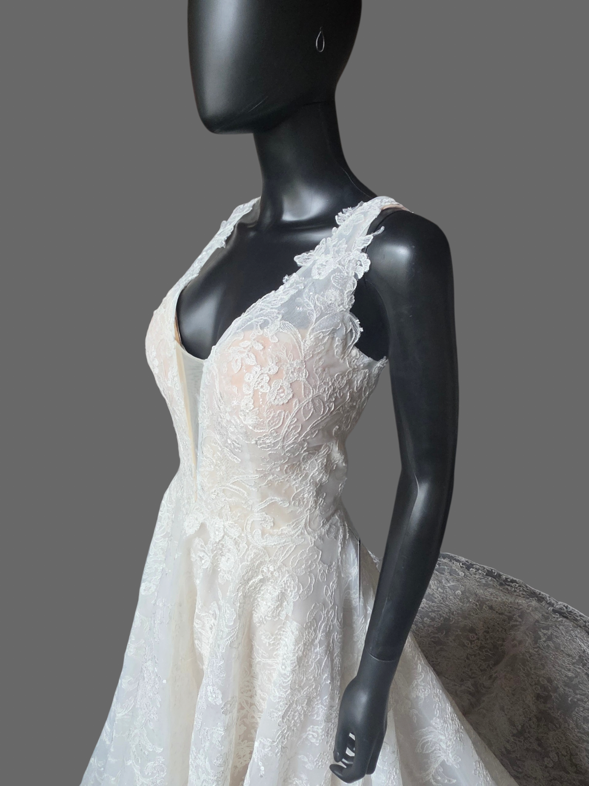 Ivory/Nude 3-Look Lace Plunge Sparkle A-Line Wedding Gown W/Detatch Sleeve - Martin Thornburg