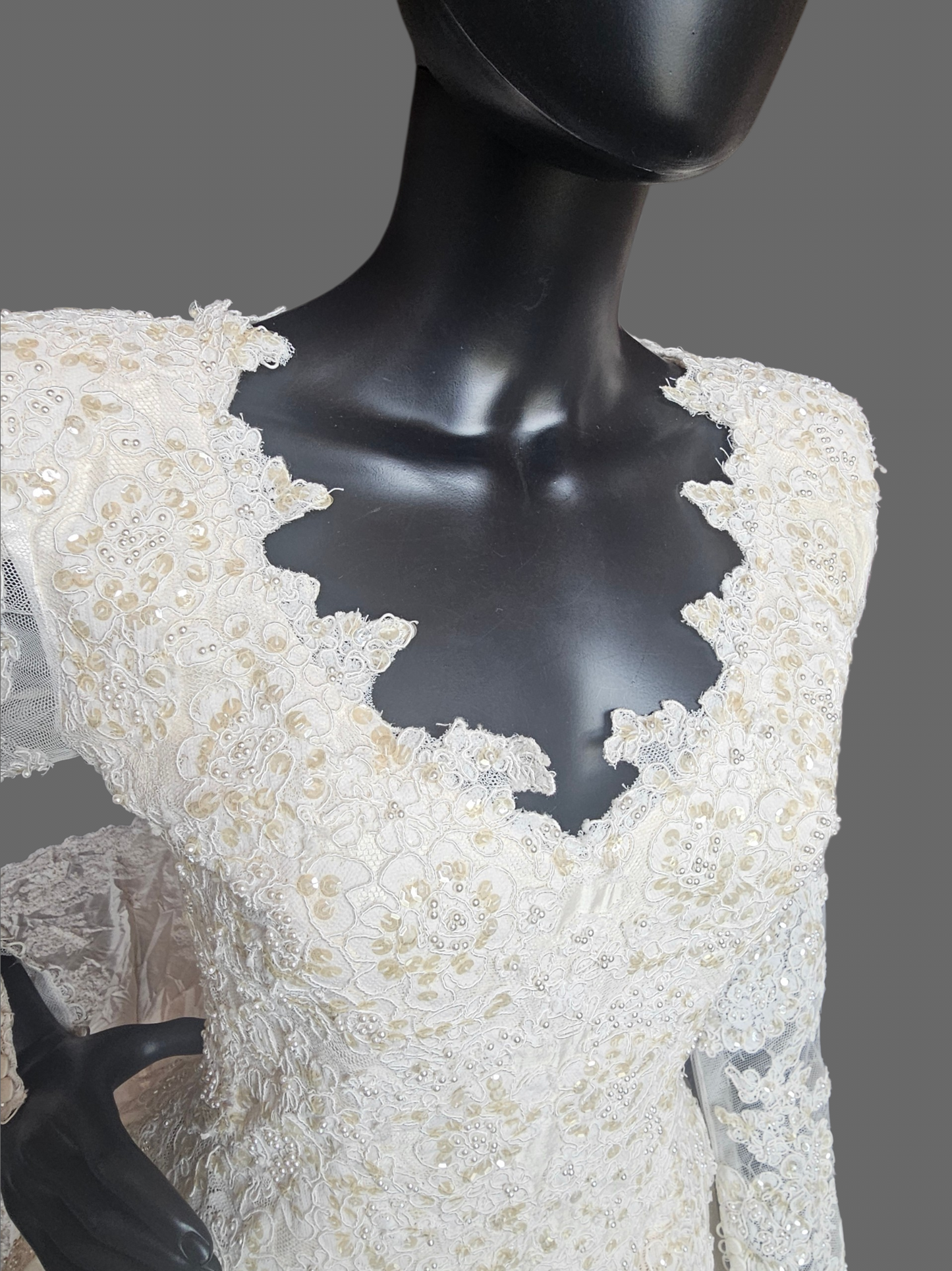 Vintage Ivory Long Sleeve V-Neck Flounce Wedding Gown