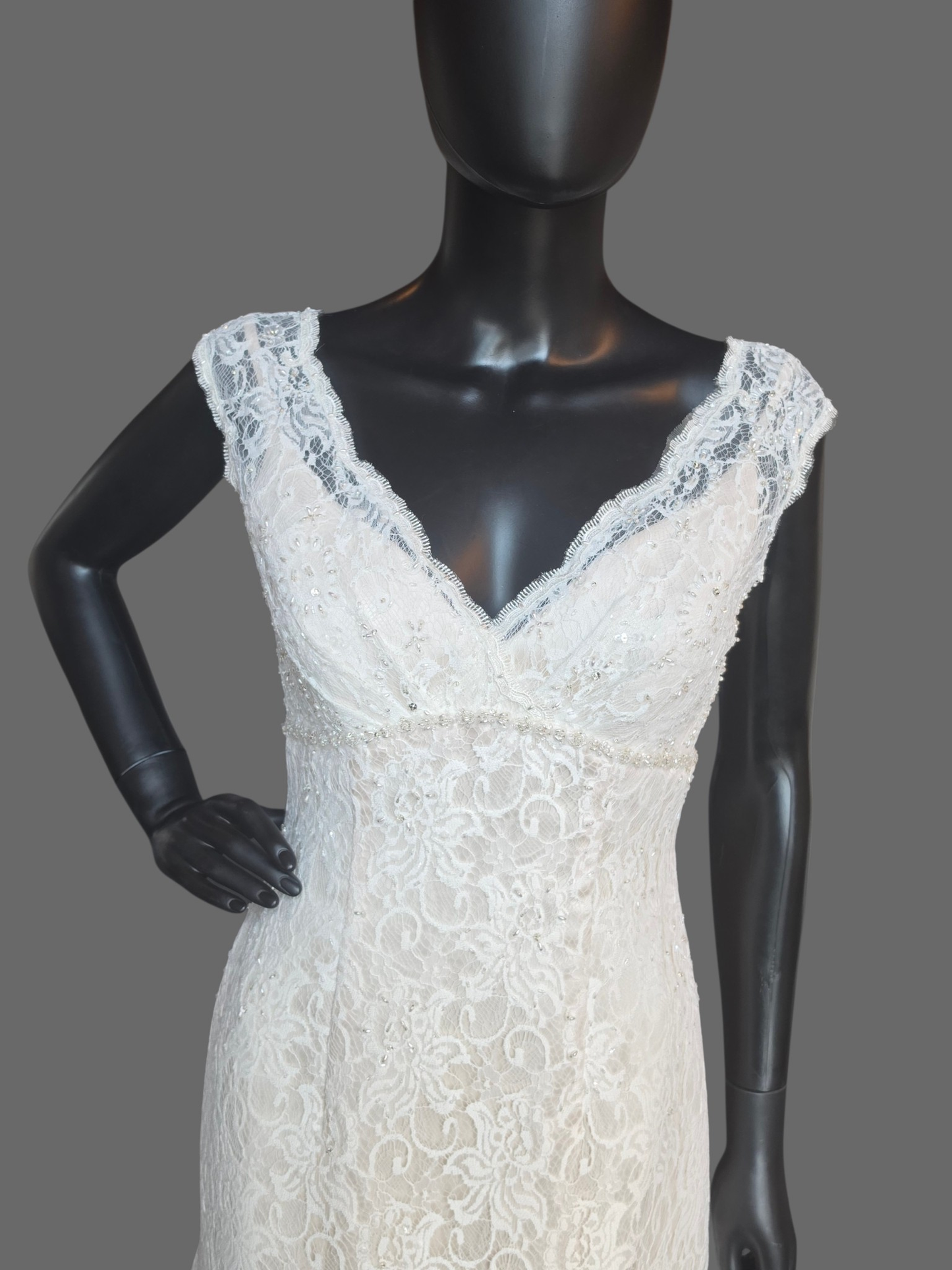 Ivory Lace V-Neck Fit/Flare Wedding Gown - Davids Bridal (NWT)