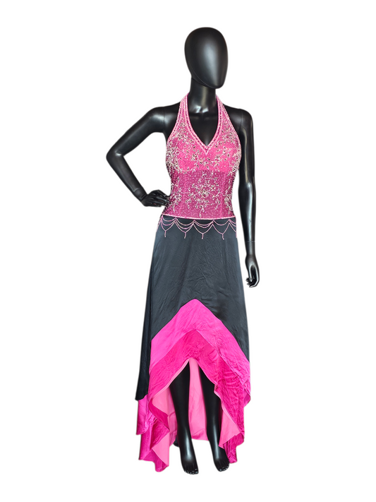 Vintage Y2K 100% Silk Pink/Black Halter High Low Hem Dress - Cassandra Stone