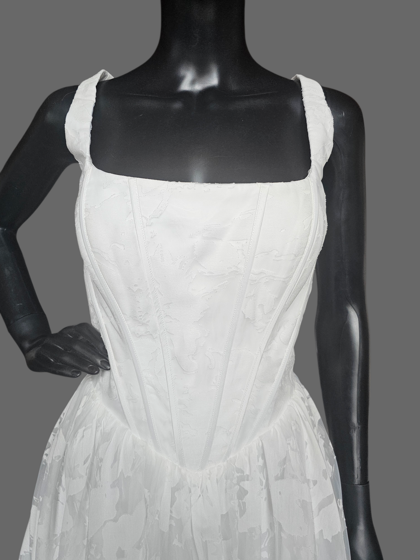 Ivory Floral Burnout Basque Waist Square Neckline Wedding Gown - Tania Olsen NWT