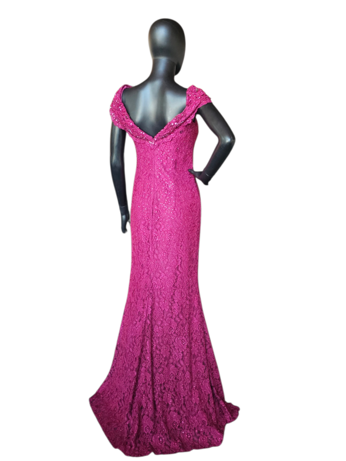 Magenta Rhinestone Lace Cap Sleeve Fit/Flare Portrait Formal/Moms Dress - Jovani