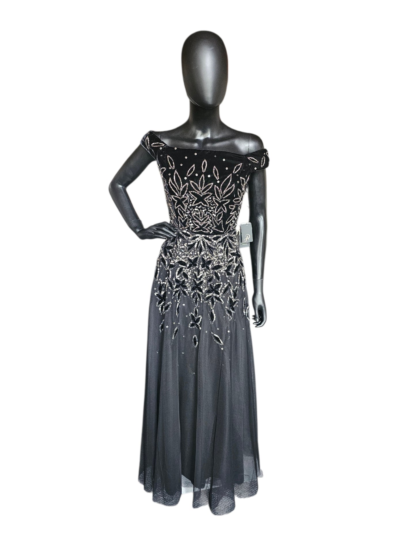 Black Velvet Off Shoulder Leaf Patter Sequin Fit/Flare Full Length Formal Gown - Adrianna Papell