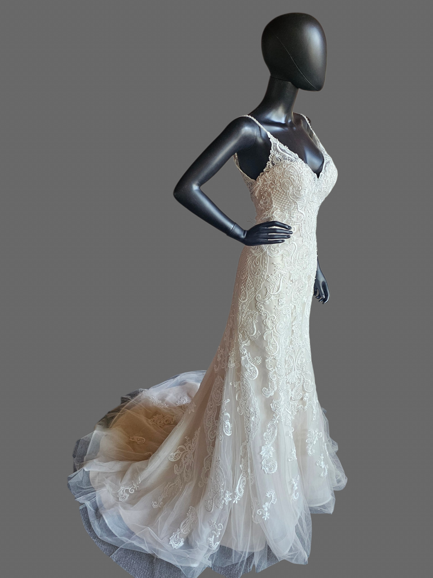 Blush/Ivory Beaded Strap Lace Open Back Fit-Flare Wedding Gown - Rebecca Ingram
