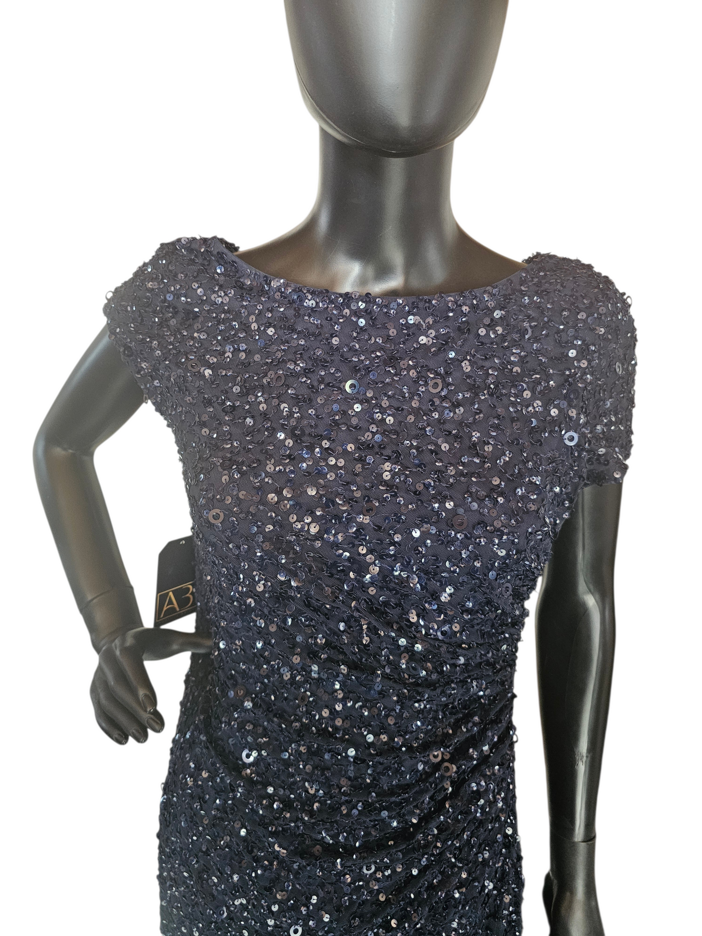 Navy Full Sequin Cap Sleeve Cowl Back Formal Dress - Adrianna Papell - NWT