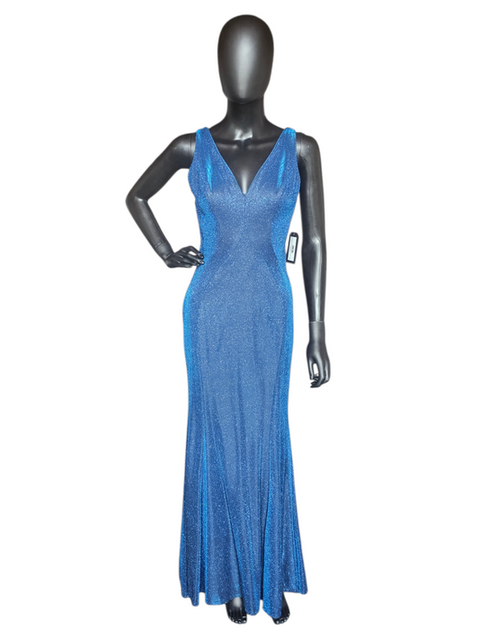 Blue Shimmer Fitted Maxi V-Neck Formal Gown - Blush Prom