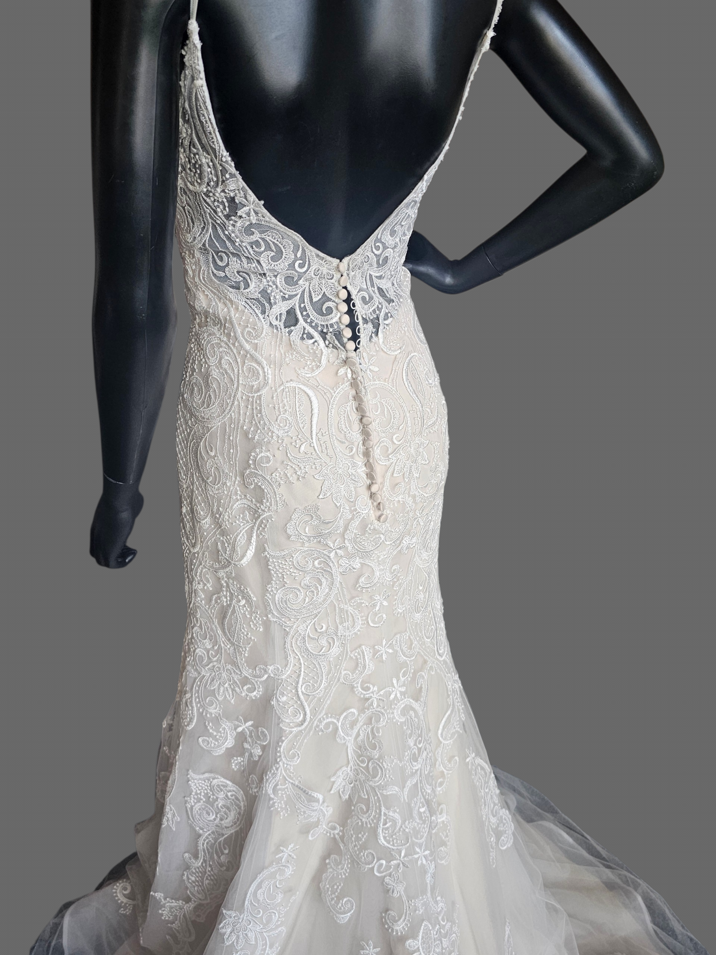 Blush/Ivory Beaded Strap Lace Open Back Fit-Flare Wedding Gown - Rebecca Ingram