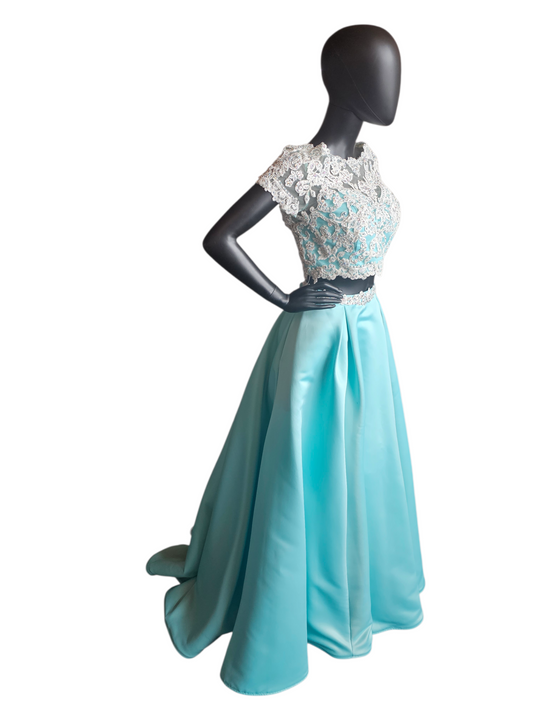 2 Piece Turquoise/White Cap Sleeve Prom/Formal Dress - Mori Lee