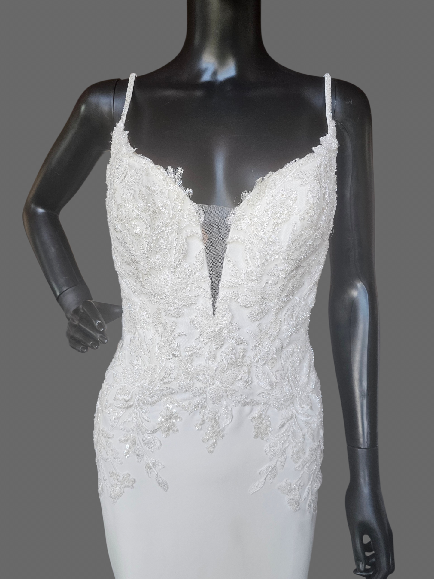 Ivory Crepe Plunge Beaded Fit/Flare Spaghetti Strap Wedding Gown - Maggie Sottero